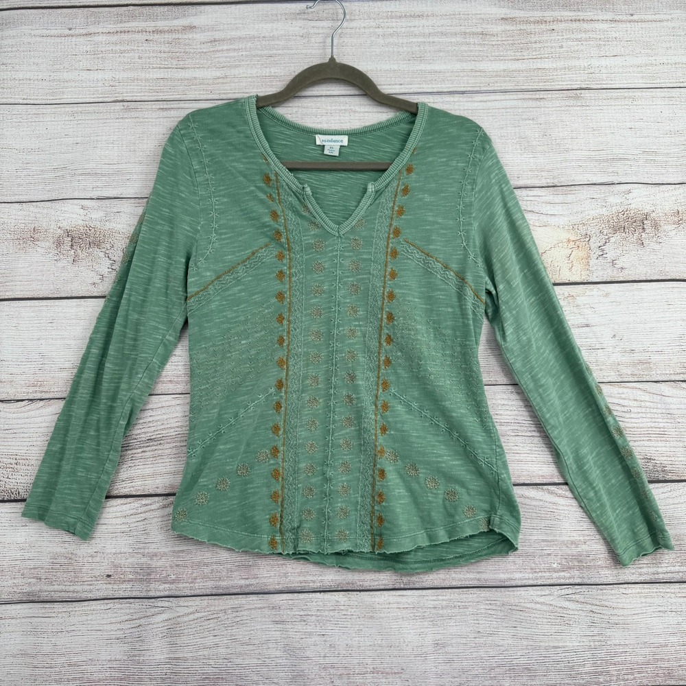 Sundance Long Sleeve Top Women XS Green Floral Embroidered Slub Knit Boho